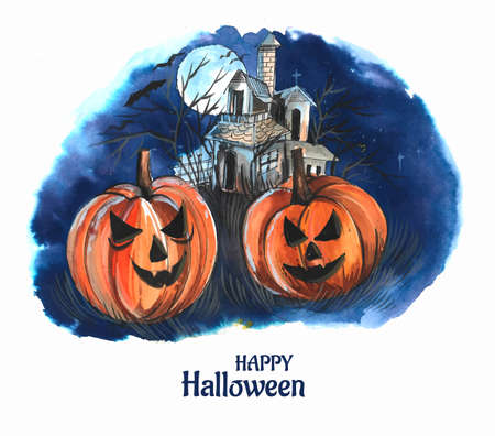 Halloween night background pumpkins and dark castle designのイラスト素材