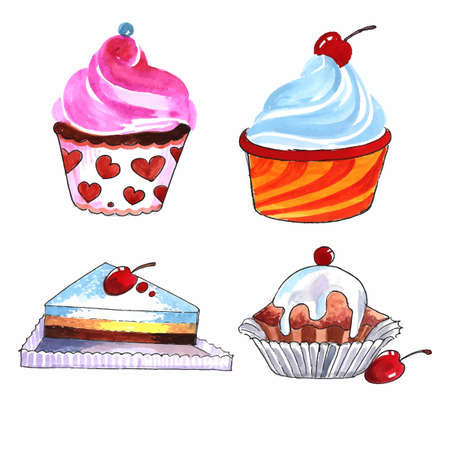 Hand draw birthday cakes set watercolor design
