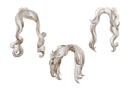 Set of different hairs and hairstyle drawing sketchのイラスト素材