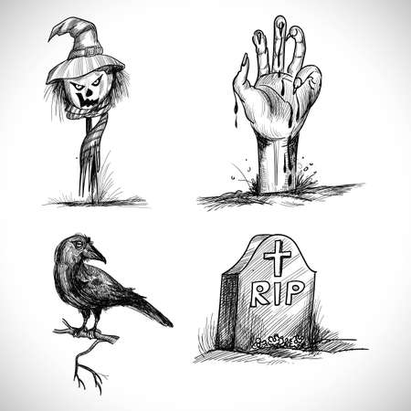 Hand drawn halloween elements sketch designのイラスト素材