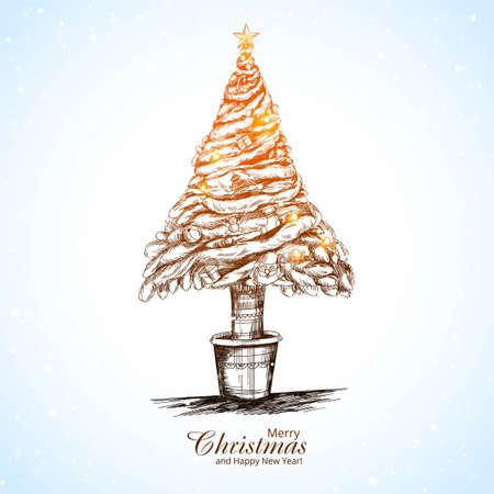 Beautiful merry christmas shiny tree sketch card backgroundのイラスト素材
