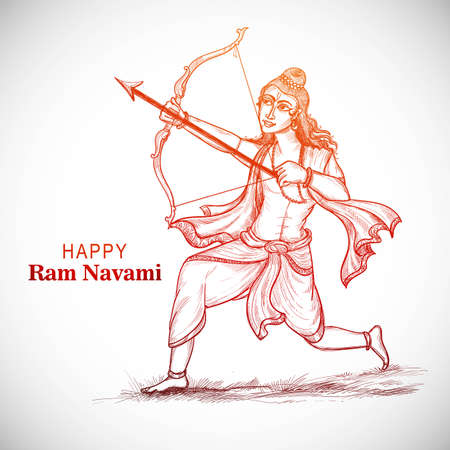 Hnad draw sketch lord Rama with arrow killing Ravana in Navratri festival backgroundのイラスト素材