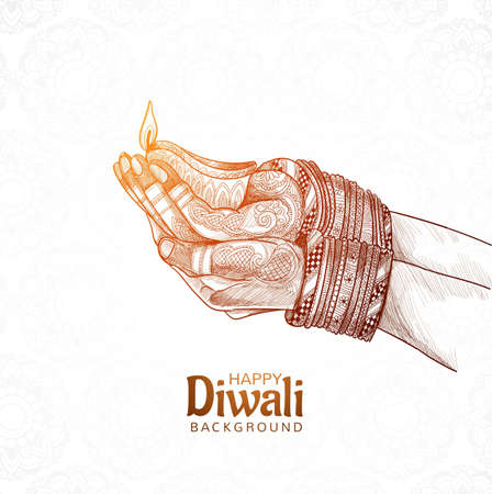 Hand drawn sketch for hand holding Indian oil lamp diwali festival backgroundのイラスト素材