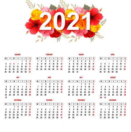 Beautiful 2021 calendar for colorful floral designのイラスト素材