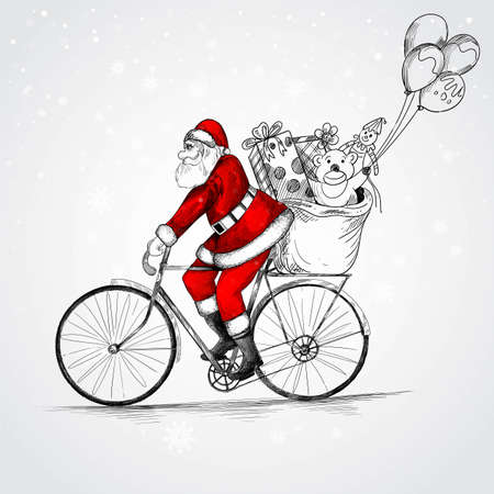 Hand drawn santa claus on riding a bicycle delivering christmas gifts sketch backgroundのイラスト素材