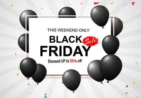 Black Friday Sale Poster with Shiny Balloons and Confetti Backgroundのイラスト素材