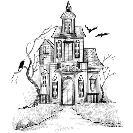 Hand drawn haunted halloween house sketch designのイラスト素材
