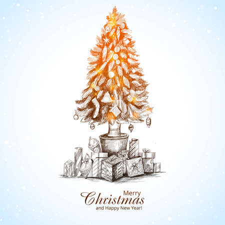 Beautiful merry christmas shiny tree on gift pack sketch card backgroundのイラスト素材