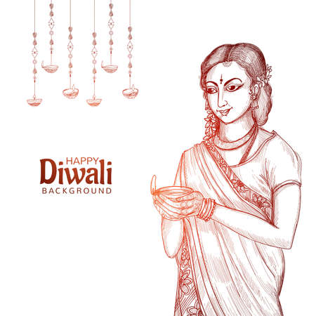 Women hand holding sketch for Indian oil lamp diwali backgroundのイラスト素材