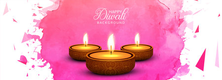 Happy Diwali social media promotional banner with illuminated oil lampsのイラスト素材