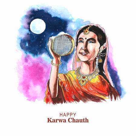Happy karwa chauth celebration card watercolor designのイラスト素材