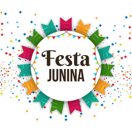 Festa junina horizontal banners with garland of flags colored balloons bowl of popcorn and glass of...