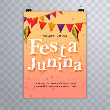 Festa junina poster with holiday decorations corn on cobs glass of red wine and fire on meadow flat vector illustrationのイラスト素材