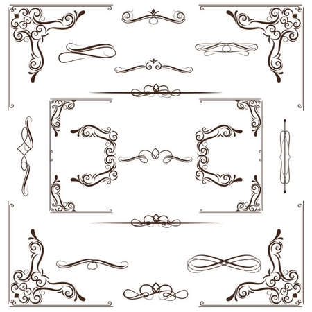 Vintage floral classic calligraphic retro vignette scroll frames ornamental design elements black set isolated vector illustrationのイラスト素材