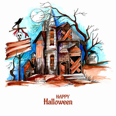 Halloween spooky house watercolor backgroundのイラスト素材