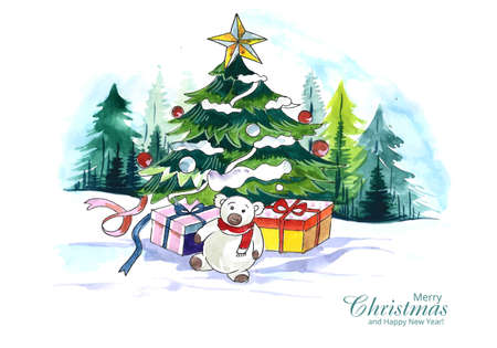 Decorative christmas tree landscape holiday card backgroundのイラスト素材