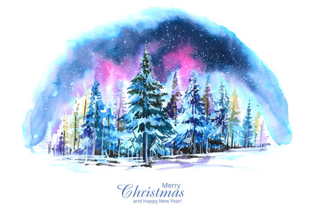 Impressive christmas trees in winter landscape with snow card backgroundのイラスト素材