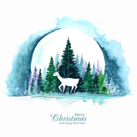 Hand drawn christmas deer landscape trees watercolor backgroundのイラスト素材