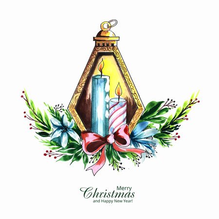 Decorative christmas lantern with a candle on spruce branch card designのイラスト素材