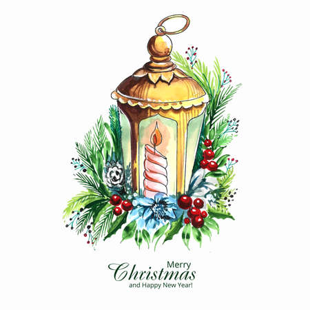 Decorative christmas lantern with a candle on spruce branch card designのイラスト素材