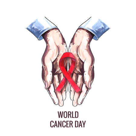 Beautiful hand with ribbon of world cancer day card designのイラスト素材
