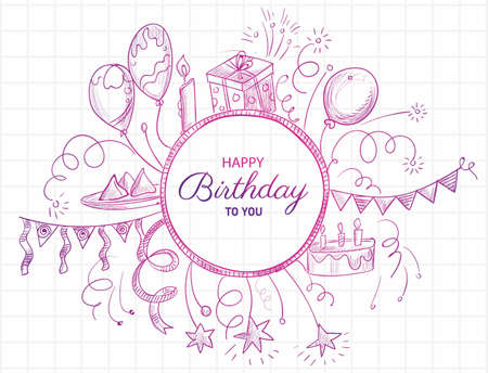 Happy birthday postcard colorful doodle sketch backgroundのイラスト素材
