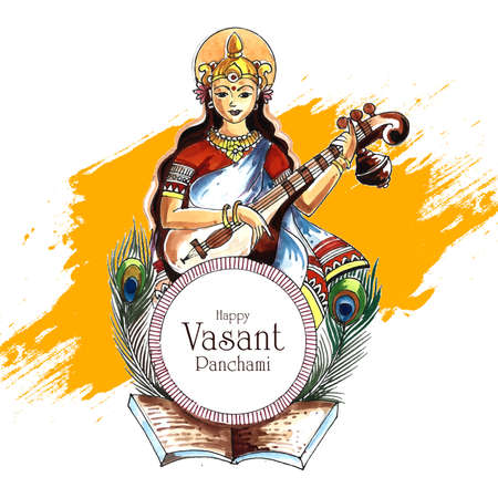Beautiful indian festival Vasant Panchami on Indian God Saraswati Maa religious backgroundのイラスト素材
