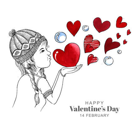 Beautiful cute little kid girl for harts valentines day card backgroundのイラスト素材