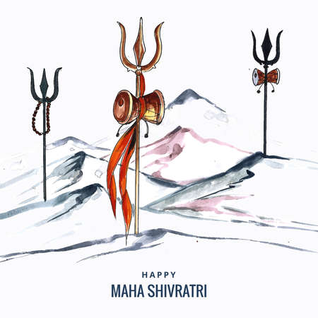 Happy maha shivratri card with trisulam a hindu festival and mountain backgroundのイラスト素材