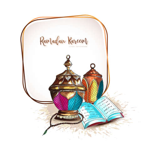 Beautiful decorative Islamic ramadan kareem festival greeting with lamps card backgroundのイラスト素材