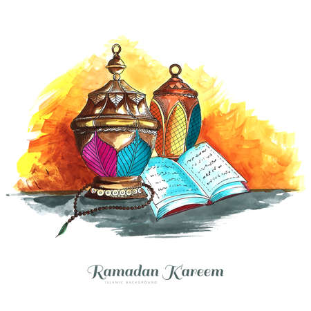 Beautiful decorative Islamic ramadan kareem festival greeting with lamps card backgroundのイラスト素材