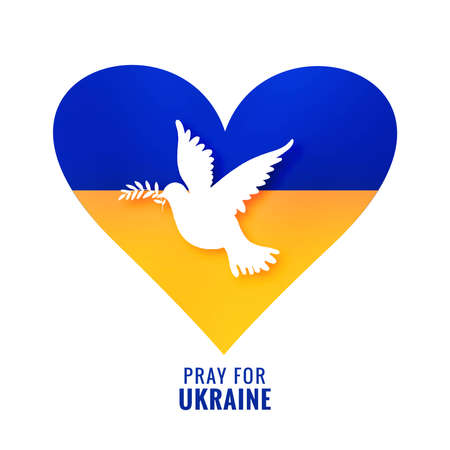 Beautiful peace heart and dove bird with pray for ukraine flag theme designのイラスト素材