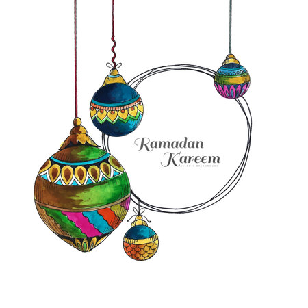 Ramadan kareem festive hanging watercolor arabic lamps card backgroundのイラスト素材