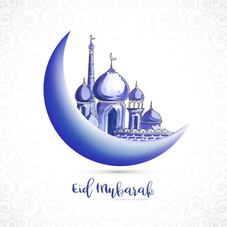 Eid mubarak islamic moon and mosque greeting card backgroundのイラスト素材