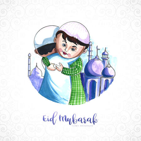Muslim kids people hugging and wishing eid mubarak celebration backgroundのイラスト素材