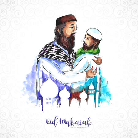 Muslim man people hugging and wishing eid mubarak celebration backgroundのイラスト素材