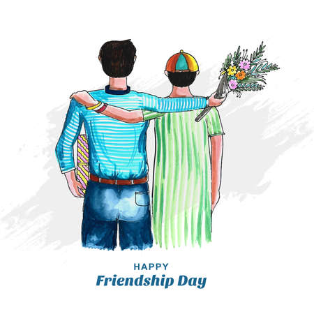 Happy friendship day greeting card with back view of two men friends backgroundのイラスト素材