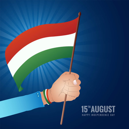 Hand holding Indian flag with happy independence day backgroundのイラスト素材