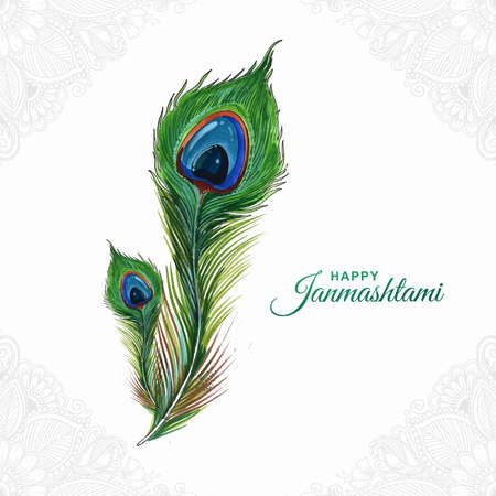 Realistic peacock feather watercolor on happy janmashtami card designのイラスト素材