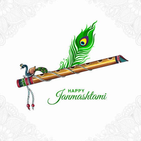 Beautiful lord krishna flute and peacock feather for janmashtami festival card backgroundのイラスト素材