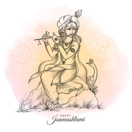 Hand draw sketch lord krishna in happy janmashtami festival card backgroundのイラスト素材