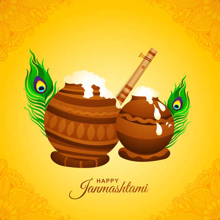 Lord Krishna dahi handi in happy janmashtami festival card backgroundのイラスト素材