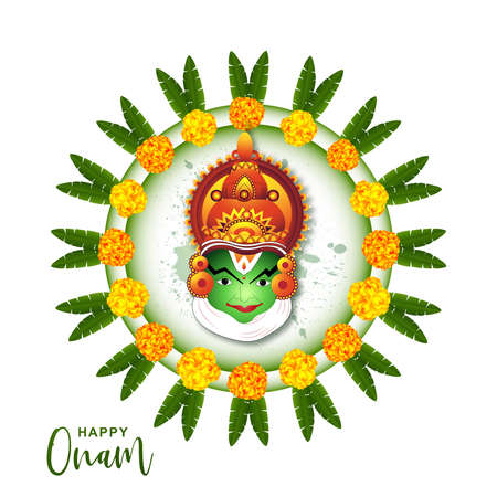 Illustration of greeting card for south indian festival onam with kathakali face backgroundのイラスト素材