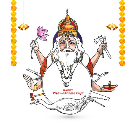 Hindu god vishwakarma an architect and divine engineer of universe celebration card designのイラスト素材
