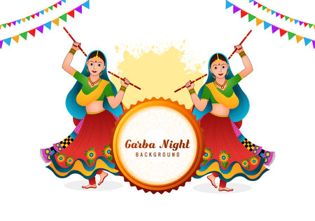 Garba night beautiful woman playing garba and dandiya celebration card designのイラスト素材