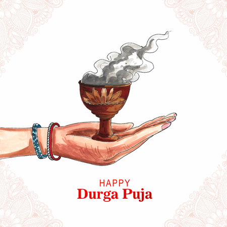 Happy durga puja clay dhunuchi with smoke indian puja festival backgroundのイラスト素材