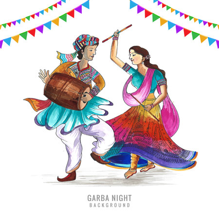 Beautiful couple playing dandiya in disco garba night backgroundのイラスト素材