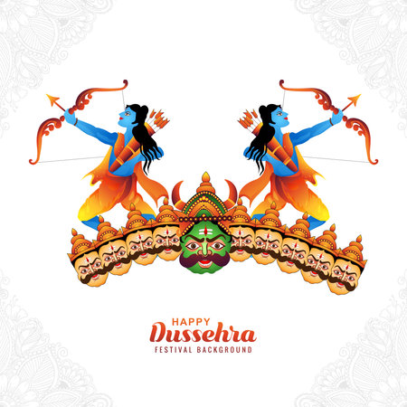 Lord rama with arrow killing ravana in happy dussehra holiday card backgroundのイラスト素材