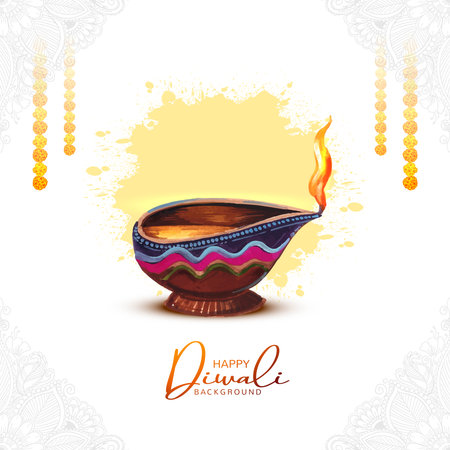 Illustration of watercolor burning diya on happy diwali holiday card backgroundのイラスト素材
