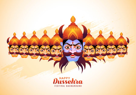 Happy dussehra celebration angry ravan with ten heads and bow card designのイラスト素材